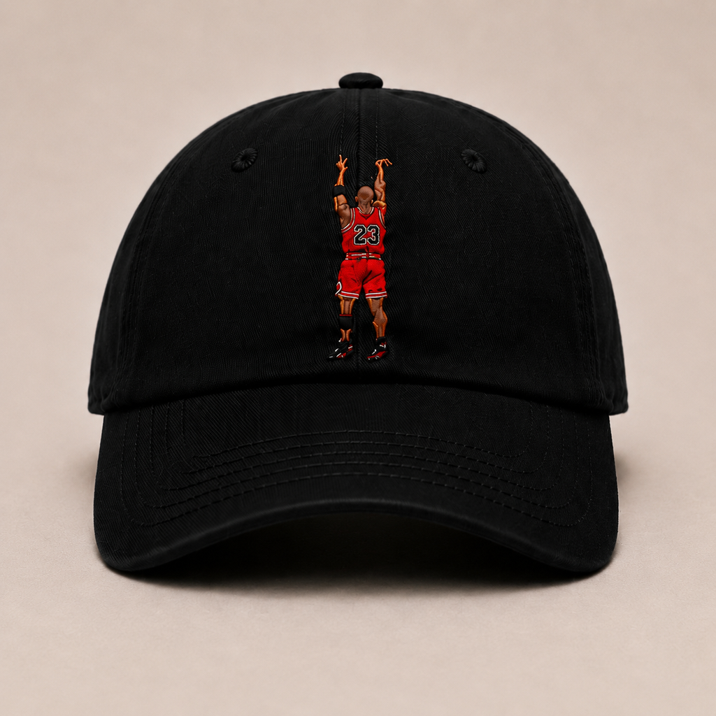Front view of The Last Shot embroidered dad cap in black by Hai Tide featuring original basketball-inspired front embroidery on a premium six-panel cotton cap with a curved brim.