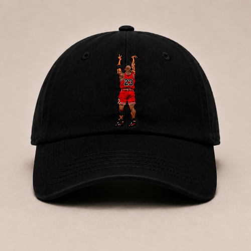 Front view of The Last Shot embroidered dad cap in black by Hai Tide featuring original basketball-inspired front embroidery on a premium six-panel cotton cap with a curved brim.