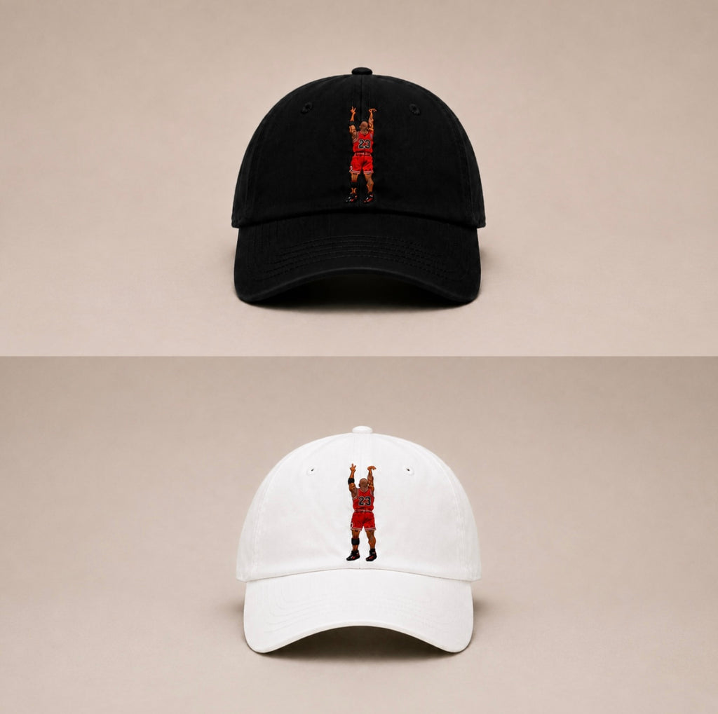 Black and white versions of The Last Shot embroidered dad cap by Hai Tide featuring original basketball-inspired embroidery.