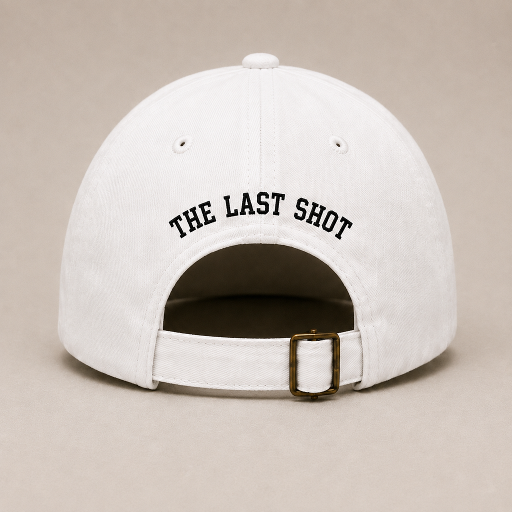 Back view of The Last Shot embroidered dad cap in white by Hai Tide showing the rear embroidery and adjustable strap closure on a premium six-panel cotton dad cap.