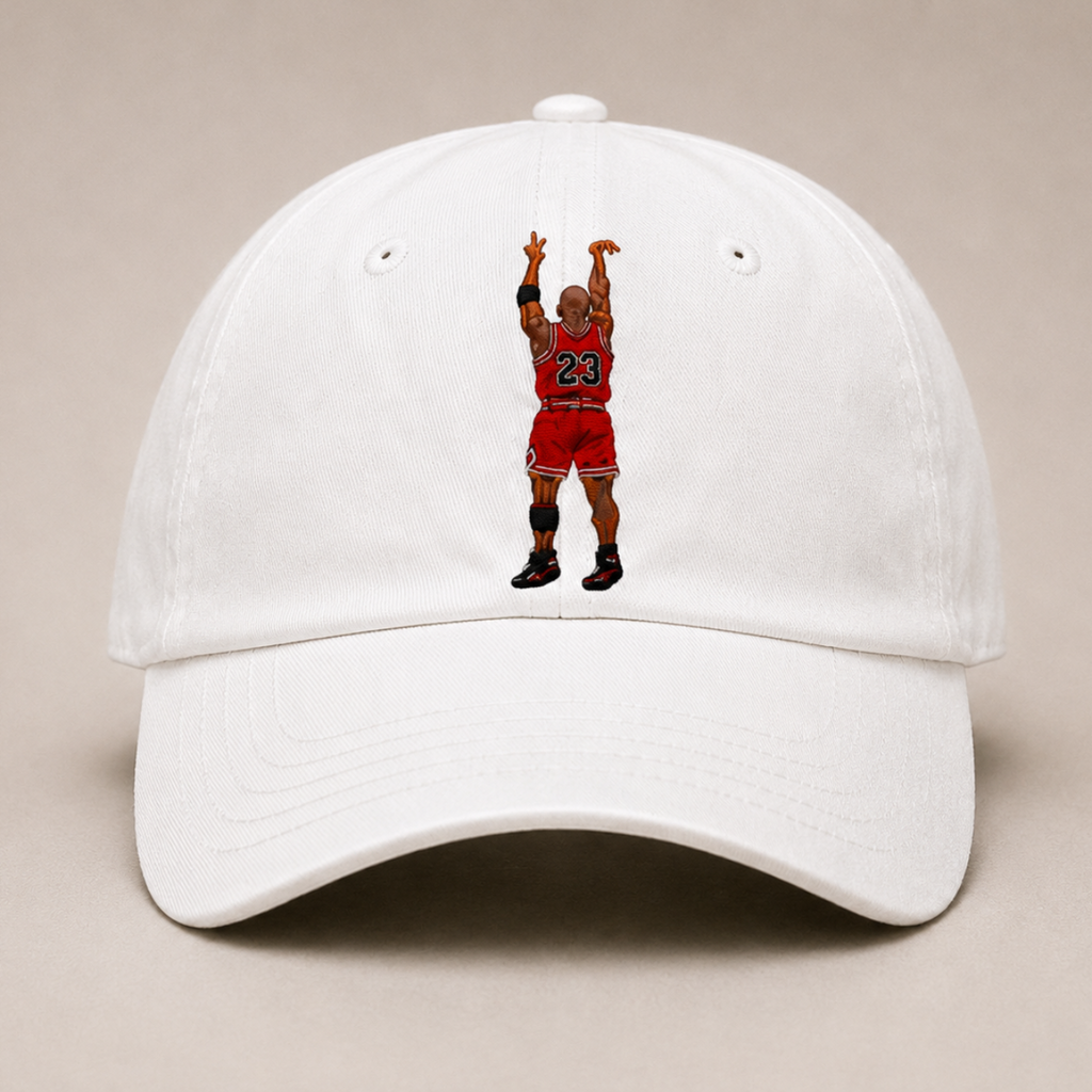 Front view of The Last Shot embroidered dad cap in white by Hai Tide featuring original basketball-inspired front embroidery on a premium six-panel cotton cap with a curved brim.