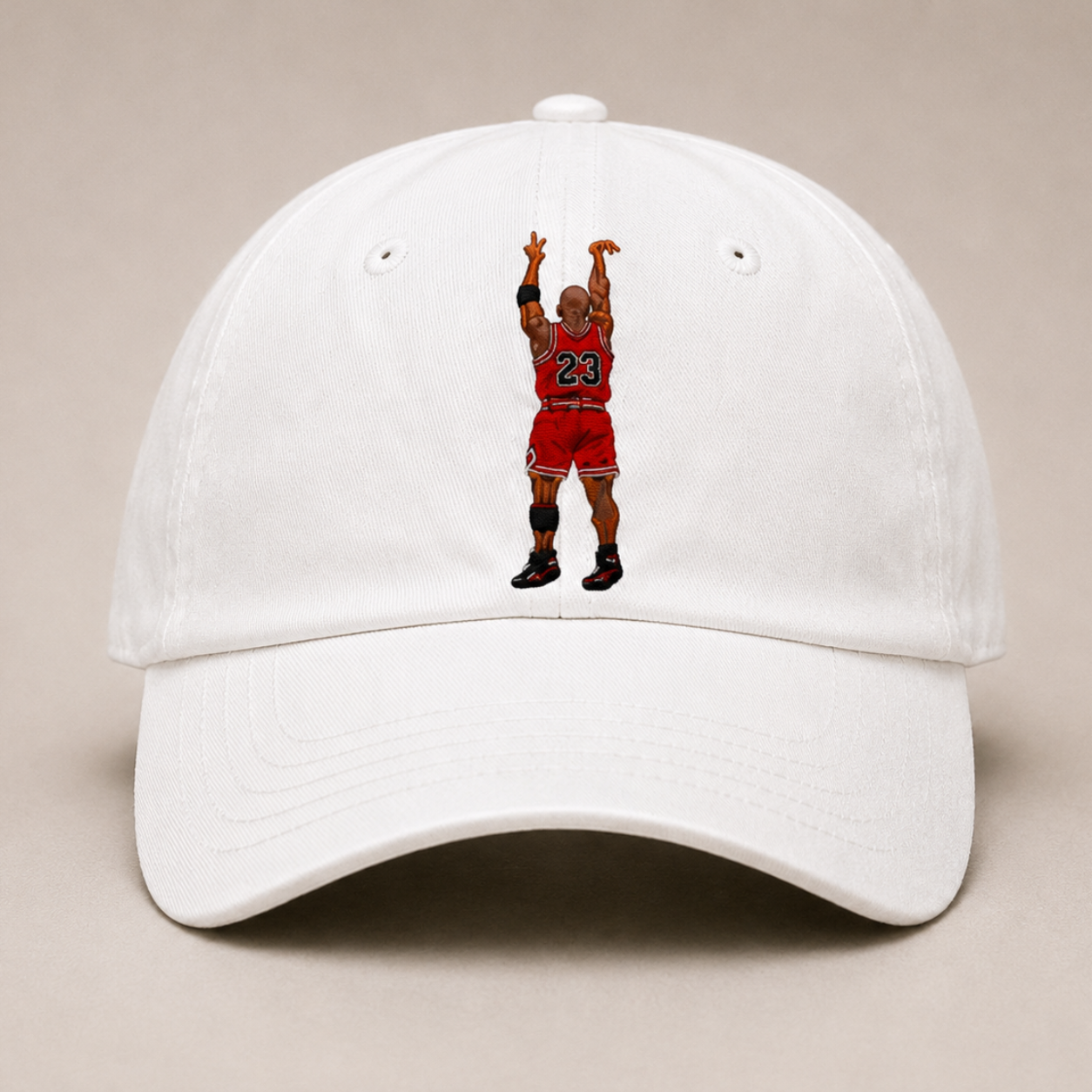 Front view of The Last Shot embroidered dad cap in white by Hai Tide featuring original basketball-inspired front embroidery on a premium six-panel cotton cap with a curved brim.