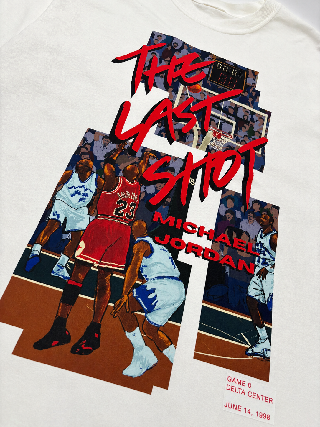 Close-up of The Last Shot Tee by Hai Tide featuring original basketball-inspired artwork printed on a white heavyweight T-shirt.