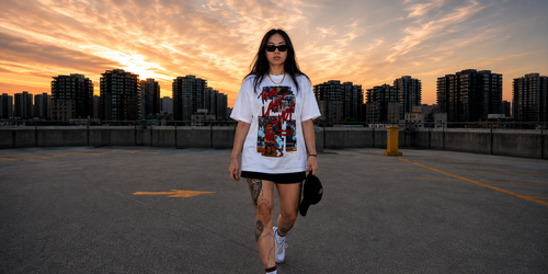 Person walking at sunset wearing The Last Shot Tee in White, a heavyweight oversized graphic T-shirt by Hai Tide featuring original front artwork. The Last Shot Tee features original fan artwork inspired by Michael Jordan's iconic "Last Shot" moment.